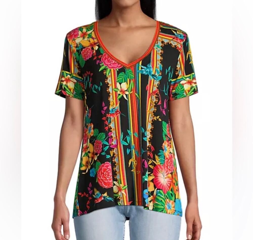 Johnny Was Andra Favorite Floral VNeck Swing Tee Shirt Black Multicolor Sz L TAM